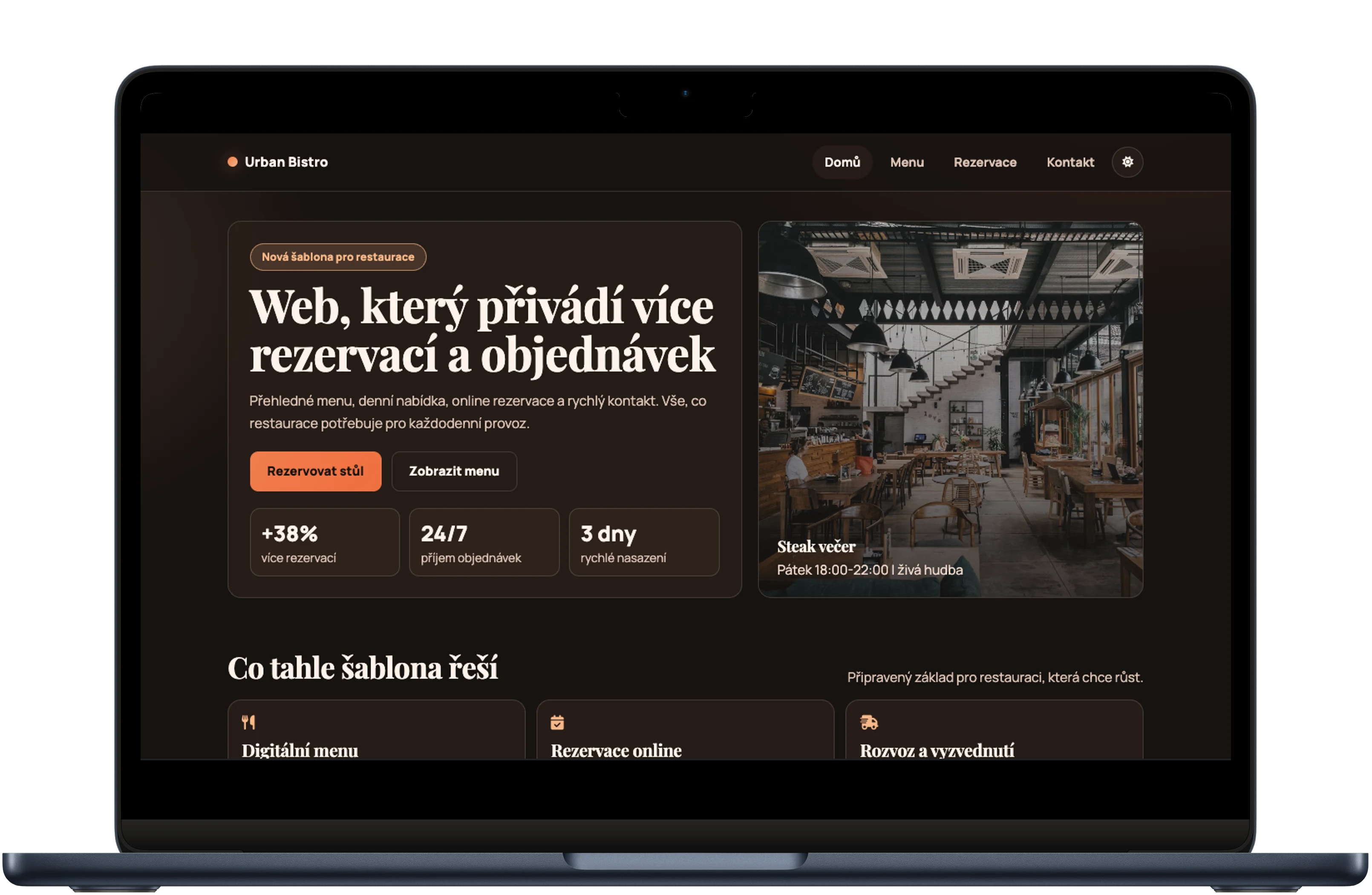 Urban Bistro šablona – náhled na notebooku, tabletu a mobilu