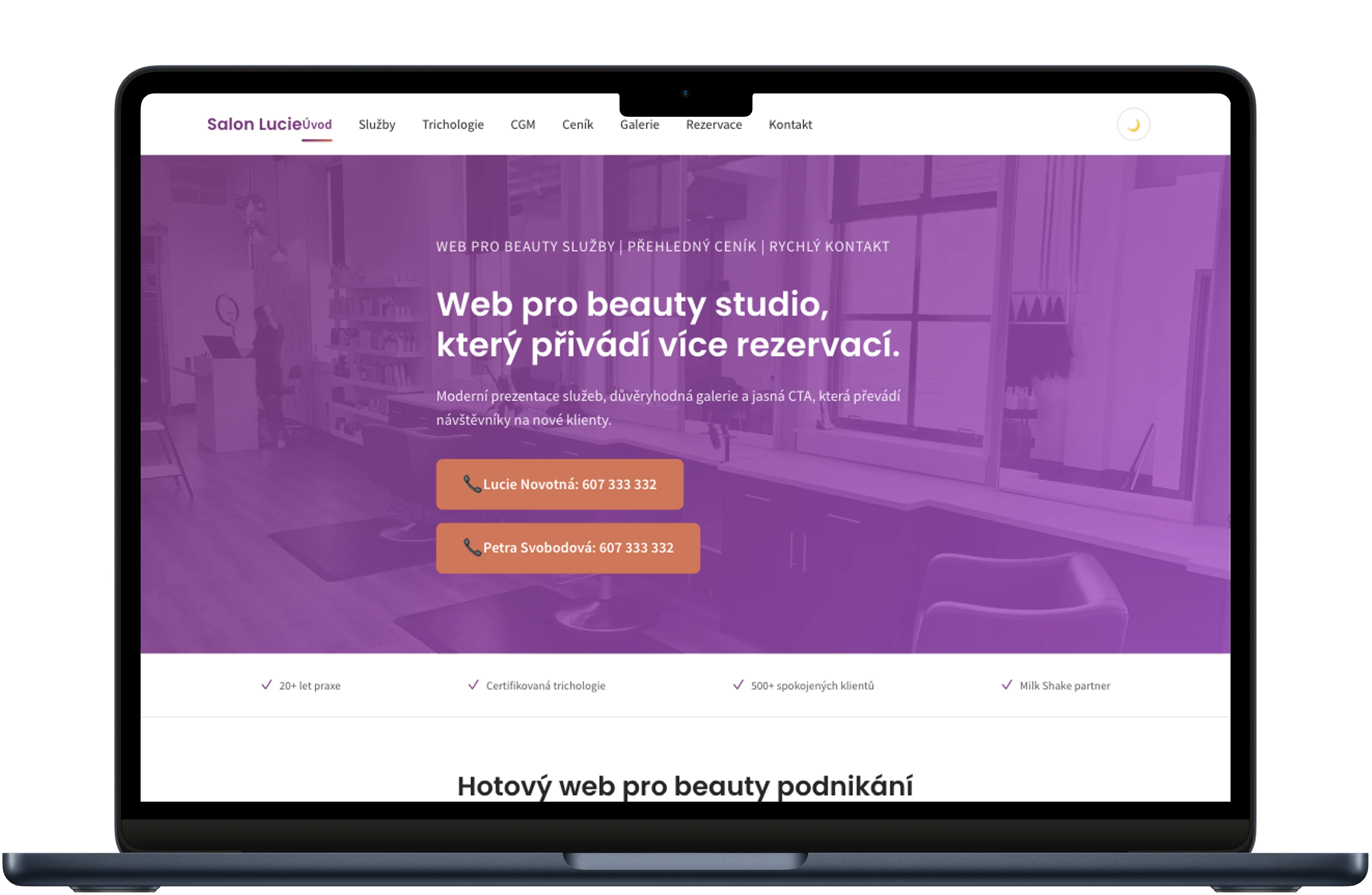 Violet Salon šablona – náhled na notebooku, tabletu a mobilu